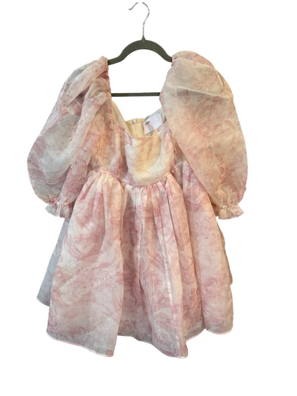 Selkie Puff Sleeve Pink White Floral Organza Babydoll Fairy Mini Dress M - Picture 5 of 9